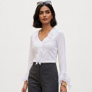 Jones New York Signature Ruffle White Blouse Small Petite